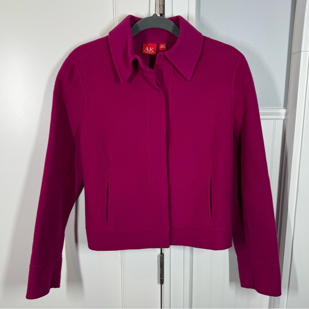 90’s Y2K Anne Klein Fuchsia Magenta Pink Wool Blazer Jacket Boiled Wool medium